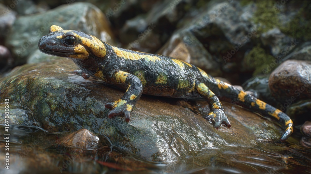 Fototapeta premium Salamander on wet rocks
