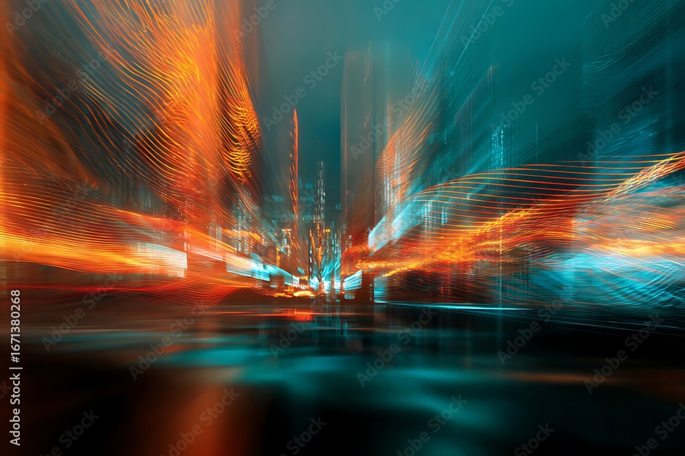 Fototapeta premium Abstract city lightscape with vibrant color streaks.