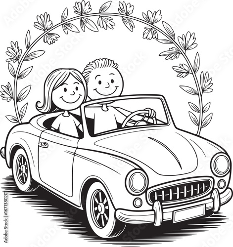 Journey of Bliss: A captivating illustration of a couple embarking on a romantic journey, their faces beaming with joy as they cruise in a classic convertible beneath a charming floral archway.
