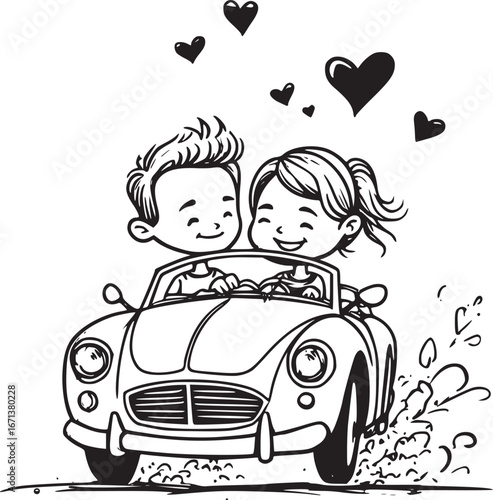Love's Journey: An animated couple embarking on a romantic journey in a classic convertible, with heart-shaped symbols of love and affection enhancing the scene.