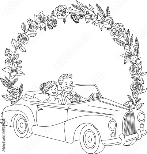 Couple in Vintage Car with Floral Wreath:  A romantic illustration captures a couple in a vintage convertible car, framed by a delicate floral wreath, perfect for conveying the essence of romance.