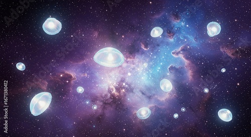 Ethereal Glowing Organisms Drifting Through a Vibrant Nebula