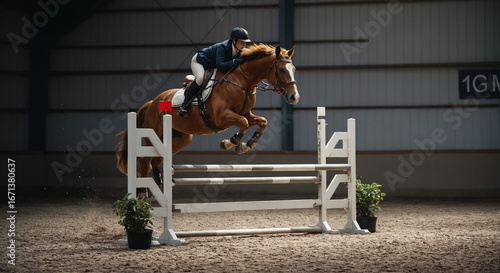 Equestrian athlete jumping over obstacle during indoor competition  
