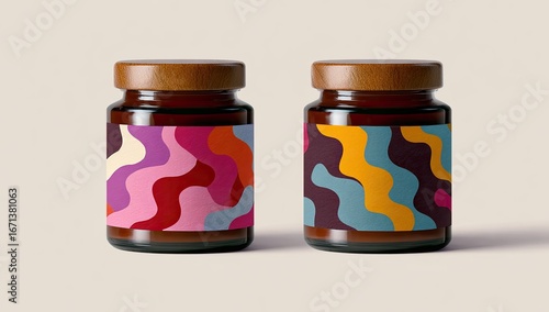 Jars with abstract labels, studio shot, minimalist background, packaging mockup