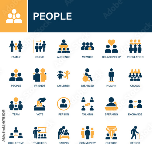 People icon set collection. Family, queue, audience, member, relationship, population, friends, children, disabled, human and best solid icon set.