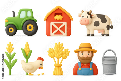 Colorful 3d farm elements with tractor, barn, and animals