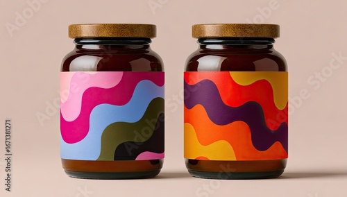 Amber glass jars with wavy label designs on neutral background.  Product packaging mockup