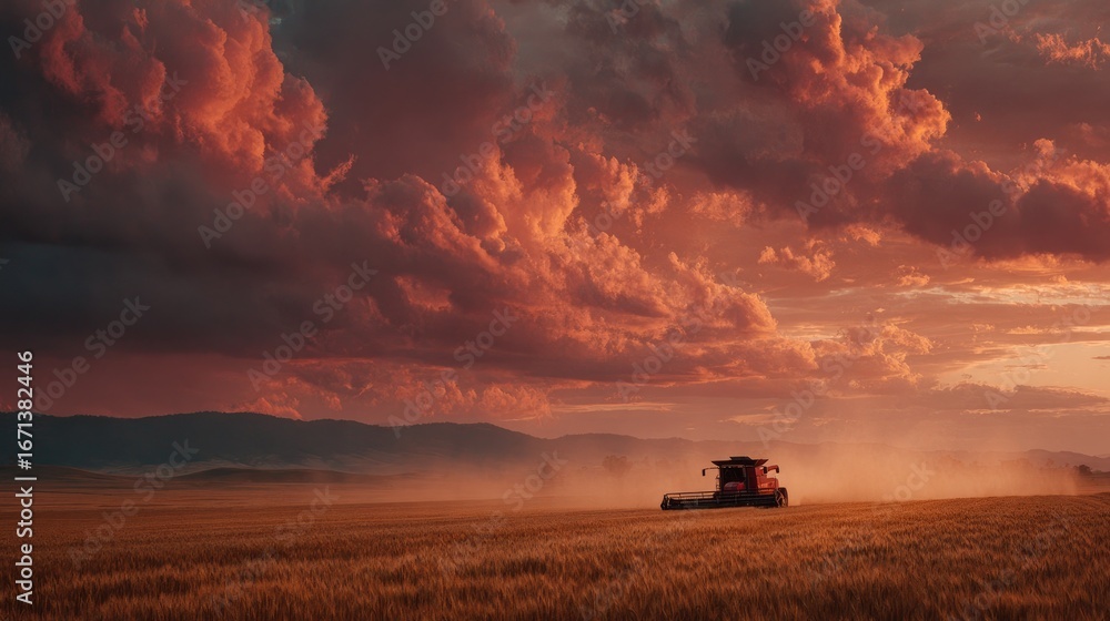 Fototapeta premium Harvest scene at sunset. Red combine in golden field. Dramatic clouds
