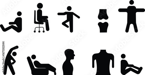 Posture Correction Icon set, vector Featuring Spine Alignment, Ergonomic Sitting, Standing Positions, Back Brace, Lumbar Support, and Healthy Body Care in Modern Vector Style, joint health symbol