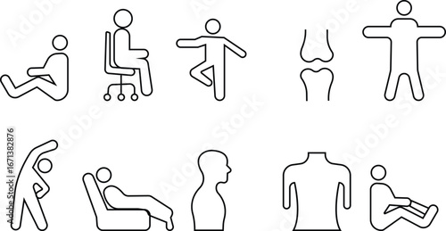 Posture Correction Icon set, vector Featuring Spine Alignment, Ergonomic Sitting, Standing Positions, Back Brace, Lumbar Support, and Healthy Body Care in Modern Vector Style, joint health symbol