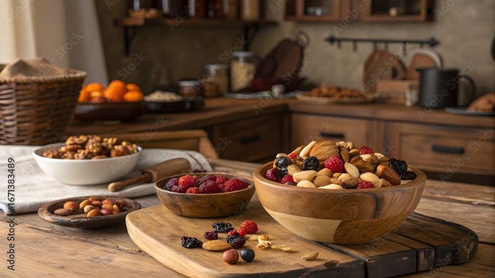 Fototapeta premium A rustic kitchen scene featuring wooden bowls filled with nuts and berries on a wooden table top
