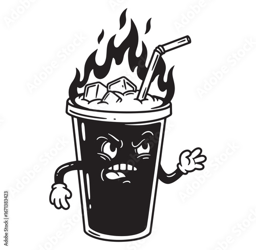A furious iced coffee cartoon character with flames and animated expression