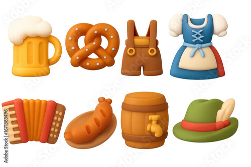 3d oktoberfest icons: beer, pretzel, lederhosen, dirndl, instruments, sausage, barrel, alpine hat