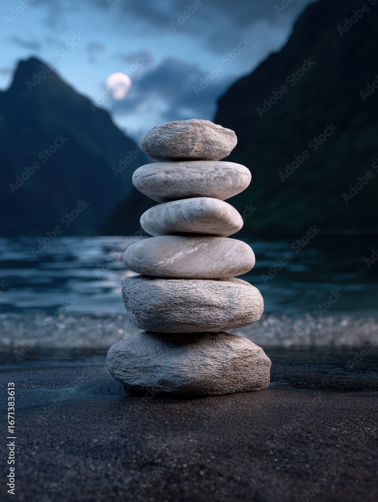 Fototapeta premium Zen stones stacked on beach at night.