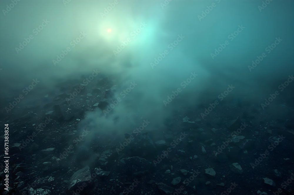 Fototapeta premium Dark rocky ground shrouded in ethereal blue green mist with glowing sun stone texture