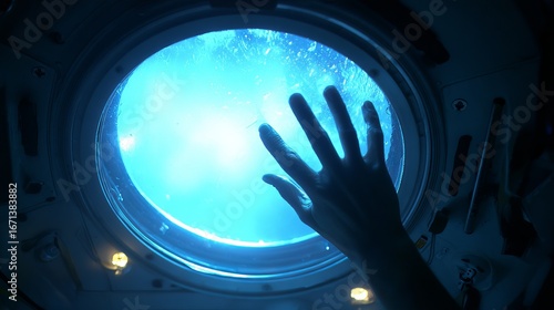 A human hand reaching out to a bright blue underwater scene through a porthole, creating a sense of wonder and exploration.