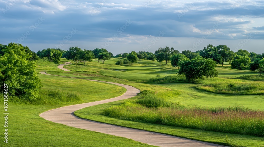 Naklejka premium Serene Golf Course Landscape with Winding Pathway Surrounded by Lush Greenery and Blue Sky
