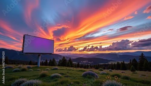 Sunset Mountain Valley with Digital Billboard and Lush Landscape