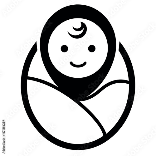 Swaddled Newborn Baby Icon with Smiling Face and Crescent Moon Hair Symbol Design