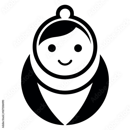 Simple Black and White Matryoshka Doll Icon with Smiling Face and Traditional Clothing