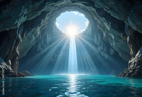 Majestic Sunlight Beams in a Serene Sea Cave