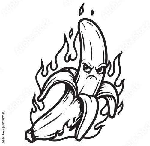 Angry cartoon banana character surrounded by flames in a bold black and white illustration