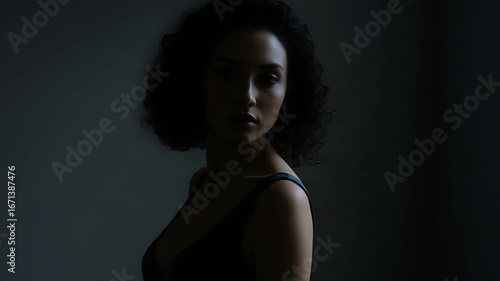 Wallpaper Mural 4k video portrait of a young woman with short dark hair, subtly lit against a dark gray background, conveying a serious mood; close-up shot. Torontodigital.ca