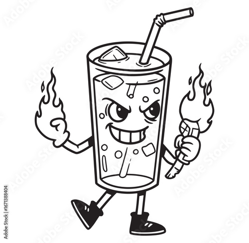 Animated cartoon beverage character holding a torch and fire with grinning expression