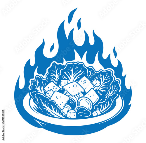 Bold blue illustration of fresh salad served with flame graphic on a white background