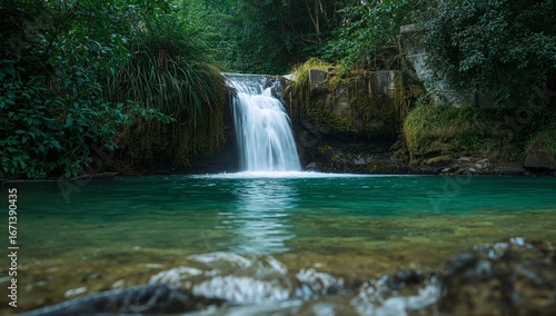 Tranquil Waterfall Oasis. A Serene Escape into Natures Embrace, a Relaxing Scene.