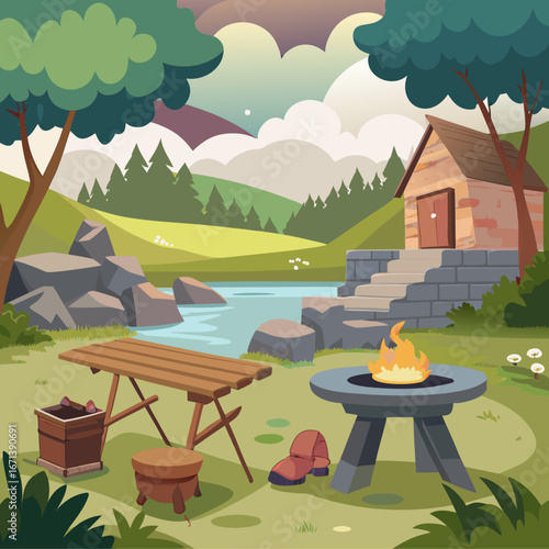 Cozy lakeside cabin scene with campfire and picnic table