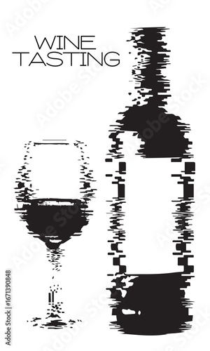 Wine tasting poster, alcohol bottle glass, noise effect, texture, restaurant banner design, alcohol menu. Vector graphics, booze, merlot, chardonnay, wine list, sommelier, red wine, white