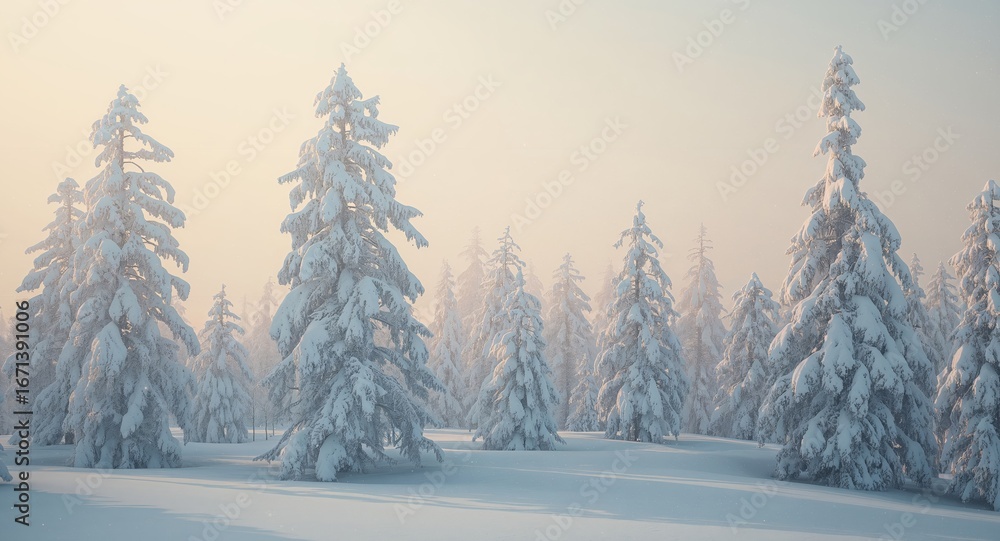 Obraz premium Snowy Forest Landscape at Sunrise. A Winter Wonderland of SnowCovered Trees.
