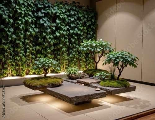 Indoor Zen Garden with Mossy Plants and Greenery