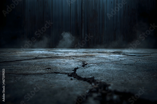 Cracked concrete floor with vertical corrugated metal wall and atmospheric smoke concrete texture