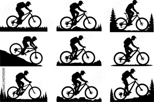 Mountain Biker on Suspension Bridge Silhouette" vector bundle