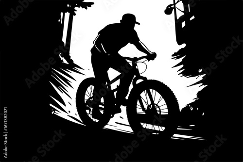 Mountain Biker on Suspension Bridge Silhouette" vector bundle
