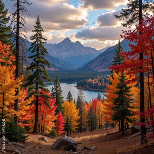 Autumn Mountain Lake Scene with Colorful Foliage