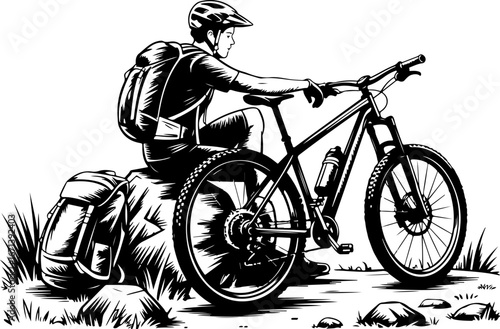 Mountain Biker on Suspension Bridge Silhouette" Vector