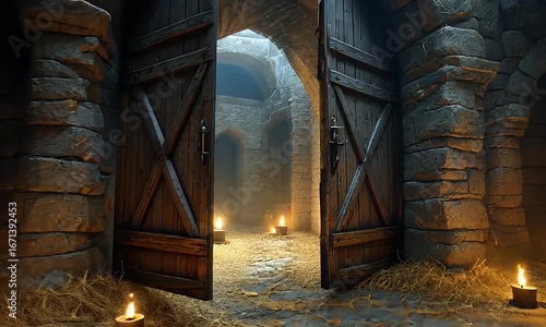 Open Wooden Doorway Illuminated by Candles within Ancient Stone Structure Showing Interior Details and Warm Atmospheric Lighting