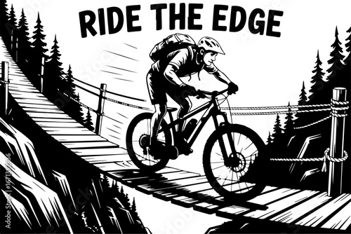 Mountain Biker on Suspension Bridge Silhouette" Vector