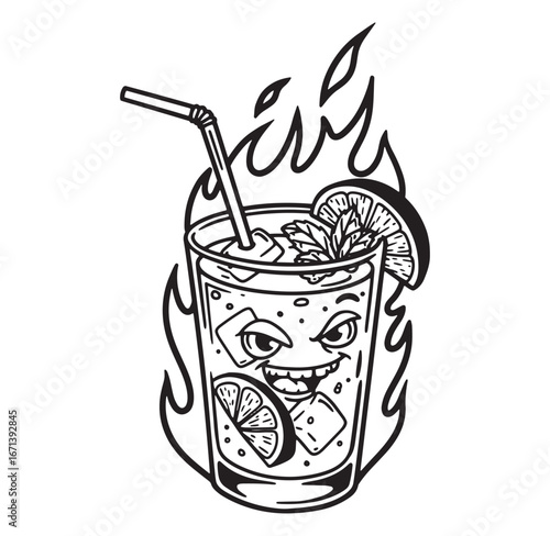 Fierce tropical cocktail illustration in black and white with lime garnish and evil face