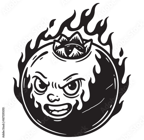 Fiery animated evil blueberry character vector illustration black and white grayscale concept