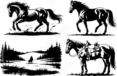 Cowgirl and Equestrian Horse Silhouettes"