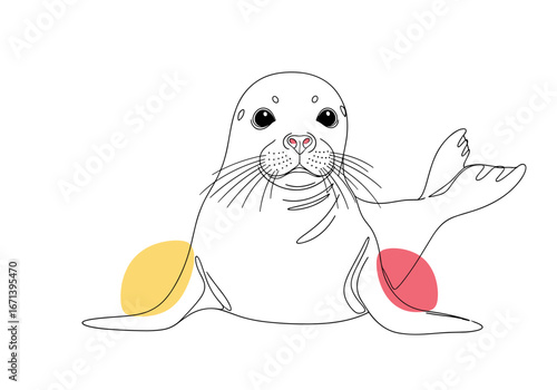 Charming seal pup in minimalist line art style with colorful accent spots, perfect for playful designs