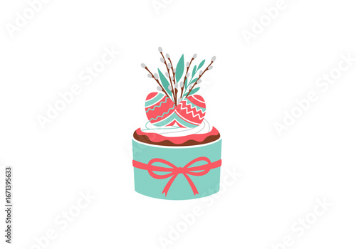 Festive Easter cake with decorated eggs and pussy willow branches, perfect for spring celebrations