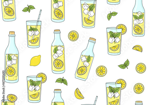 Refreshing lemonade pattern with ice cubes, mint, and lemon slices, perfect for summer drinks