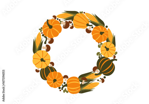 Vibrant autumn harvest wreath with pumpkins, corn, and mushrooms, perfect for seasonal decoration