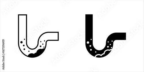 Clogged in trap pipe from floor drain or under kitchen sink vector icon. Waste and dirty inside pipe need clean and clear. Problem of waste water drainage from kitchen, bathroom, toilet, shower room.	