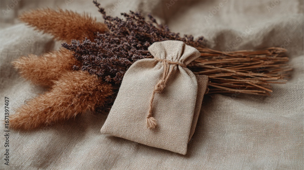 Fototapeta premium Rustic beige drawstring bag with dried flowers
